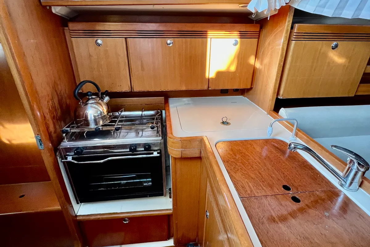 Galley of Nefeli, a Dufour 34 sailboat at Rhodes, Greece