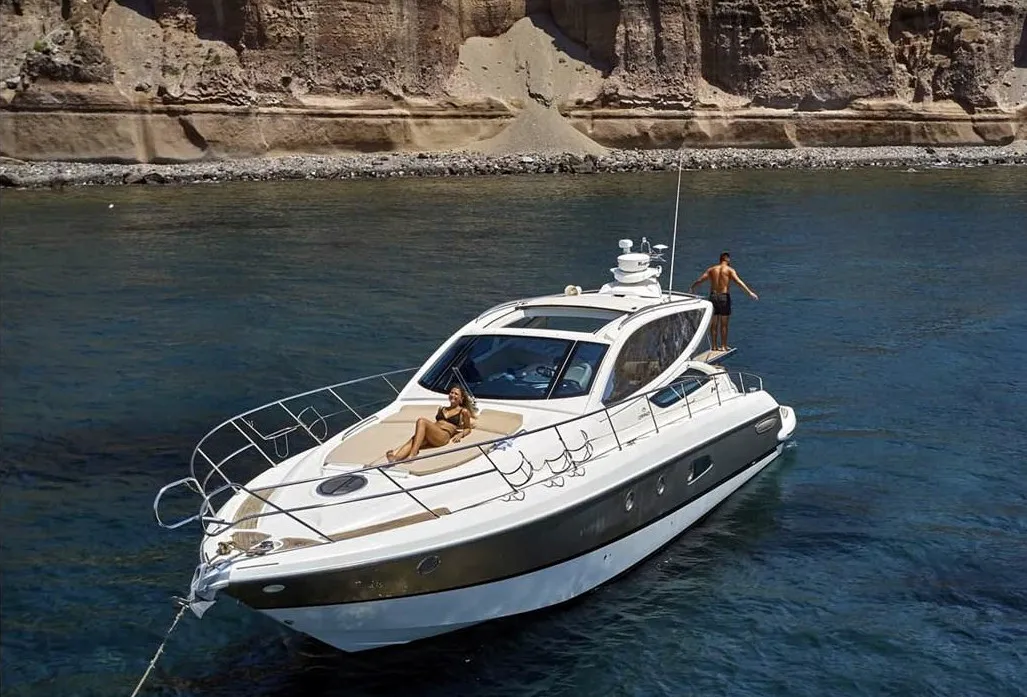 Agia Marina, a Cranchi Mediterranee 43 motorboat at Thira Municipal Unit, Greece