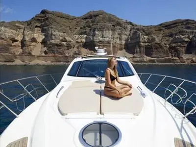 Deck of Agia Marina, a Cranchi Mediterranee 43 motorboat at Thira, Greece