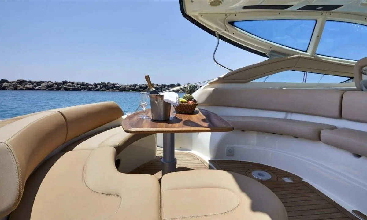 Agia Marina, a Cranchi Mediterranee 43 motorboat at Thira Municipal Unit, Greece