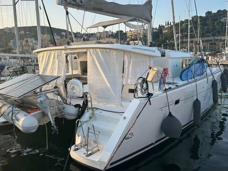 Exterior view of Branchia, a Lagoon 450 Fly catamaran at Naples, Italy