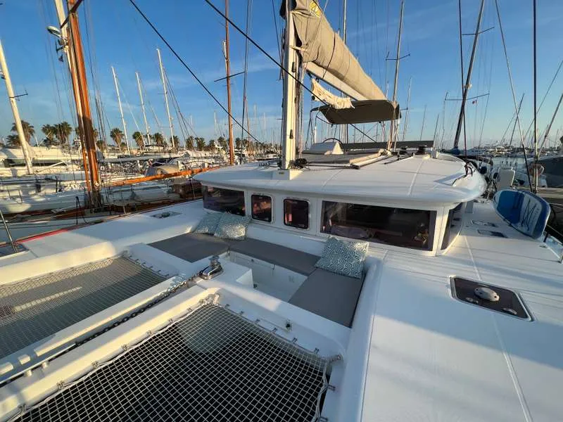 Deck of Branchia, a Lagoon 450 Fly catamaran at Naples, Italy