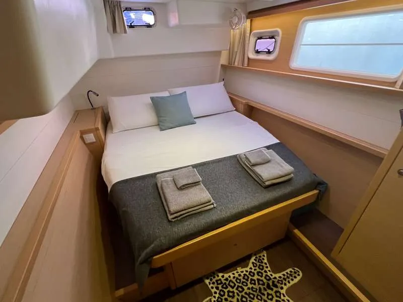 Cabin on Branchia, a Lagoon 450 Fly catamaran at Naples, Italy