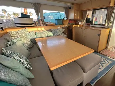 Salon of Branchia, a Lagoon 450 Fly catamaran at Naples, Italy