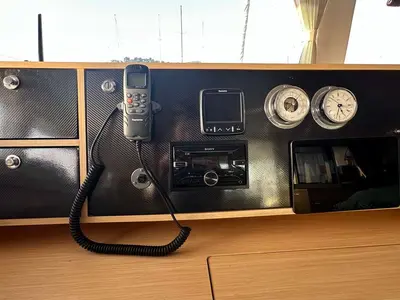 Cockpit of Branchia, a Lagoon 450 Fly catamaran at Naples, Italy