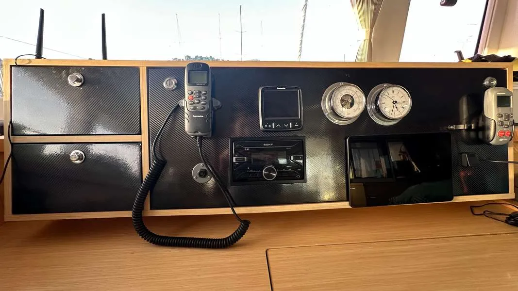 Cockpit of Branchia, a Lagoon 450 Fly catamaran at Naples, Italy