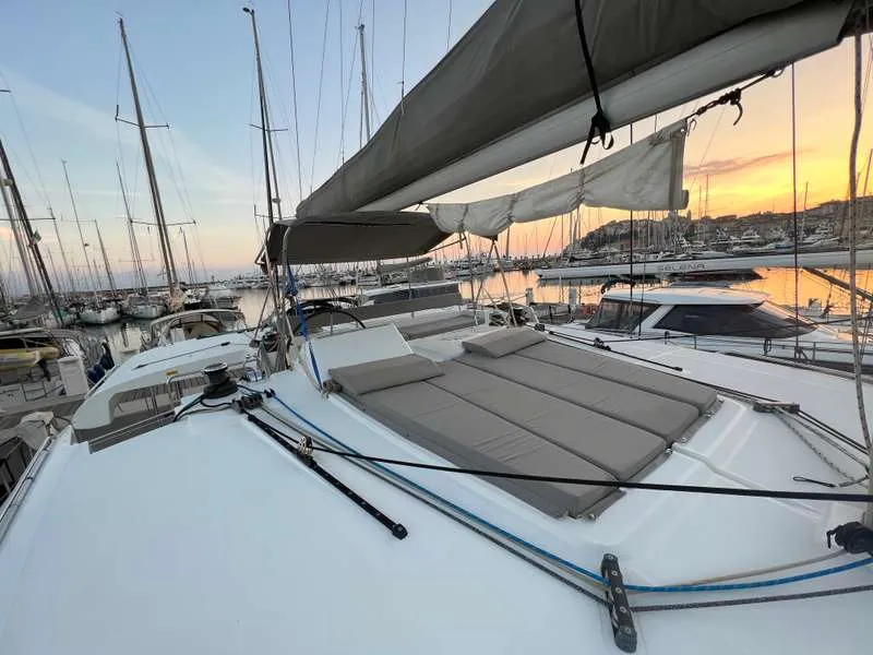 Deck of Branchia, a Lagoon 450 Fly catamaran at Naples, Italy