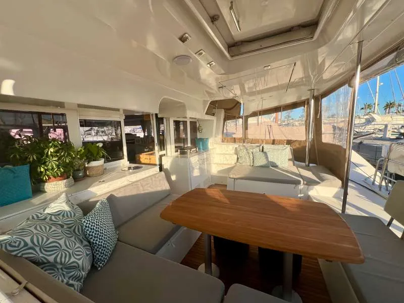 Deck of Branchia, a Lagoon 450 Fly catamaran at Naples, Italy