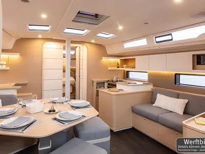 Salon of Gimme! Gimme!, a Dufour 44 sailboat at Palma de Mallorca, Spain