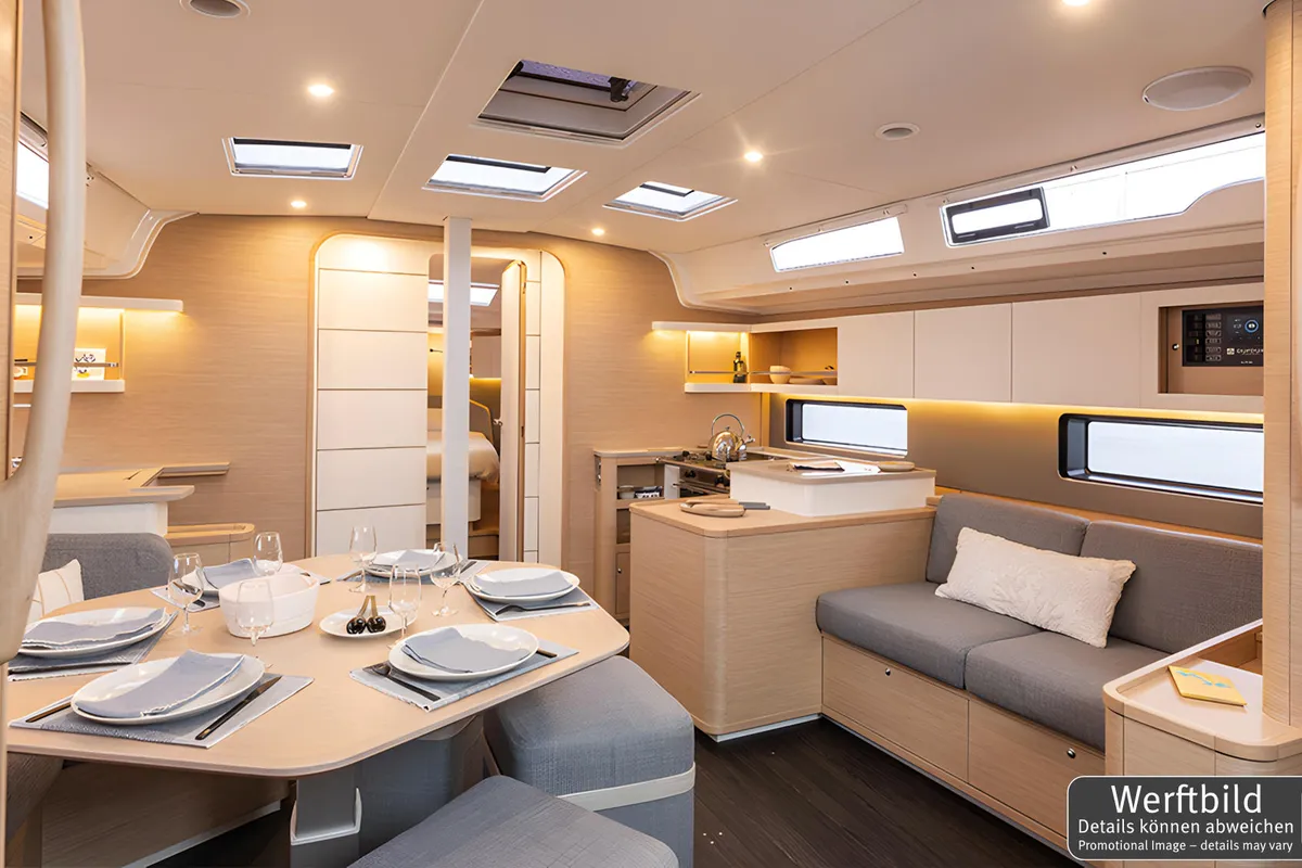 Salon of Gimme! Gimme!, a Dufour 44 sailboat at Palma de Mallorca, Spain