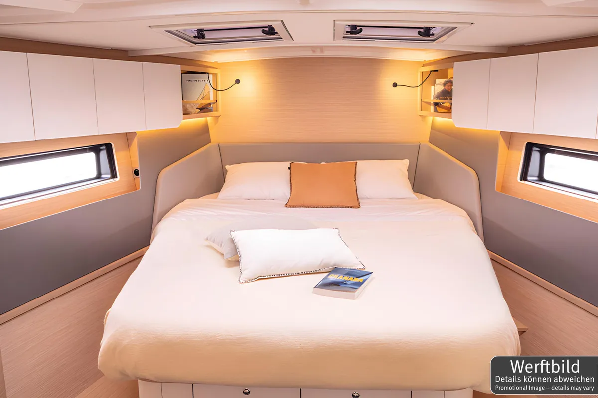 Cabin on Gimme! Gimme!, a Dufour 44 sailboat at Palma de Mallorca, Spain
