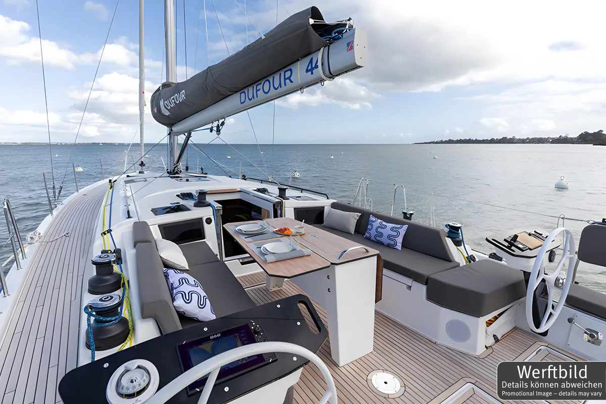 Deck of Gimme! Gimme!, a Dufour 44 sailboat at Palma de Mallorca, Spain