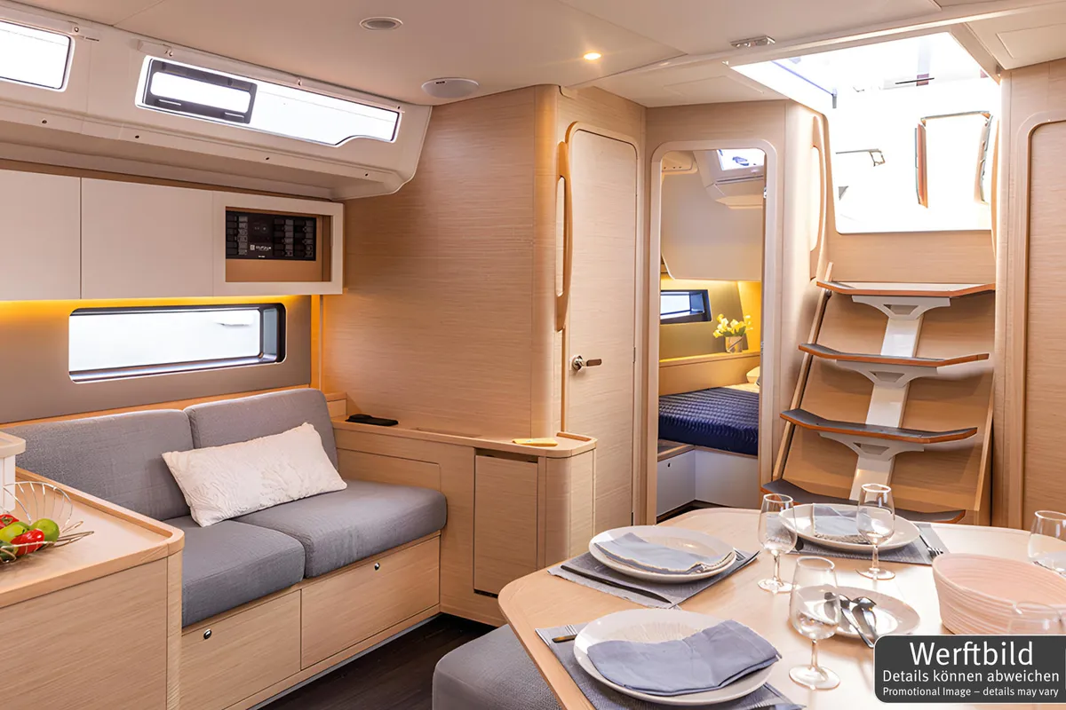 Salon of Gimme! Gimme!, a Dufour 44 sailboat at Palma de Mallorca, Spain