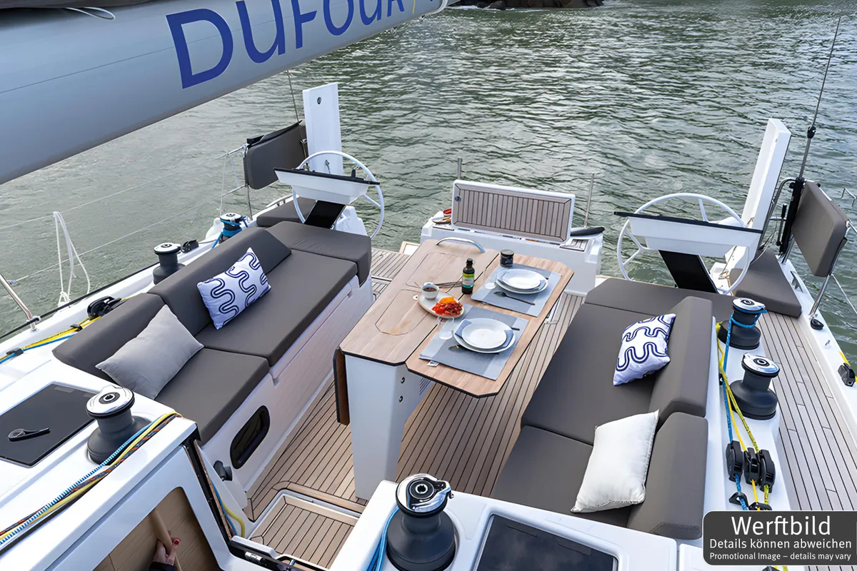 Deck of Gimme! Gimme!, a Dufour 44 sailboat at Palma de Mallorca, Spain