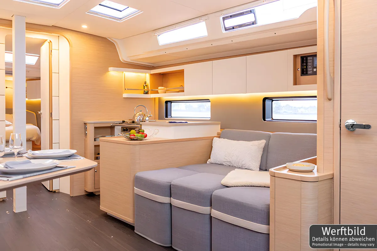 Salon of Gimme! Gimme!, a Dufour 44 sailboat at Palma de Mallorca, Spain