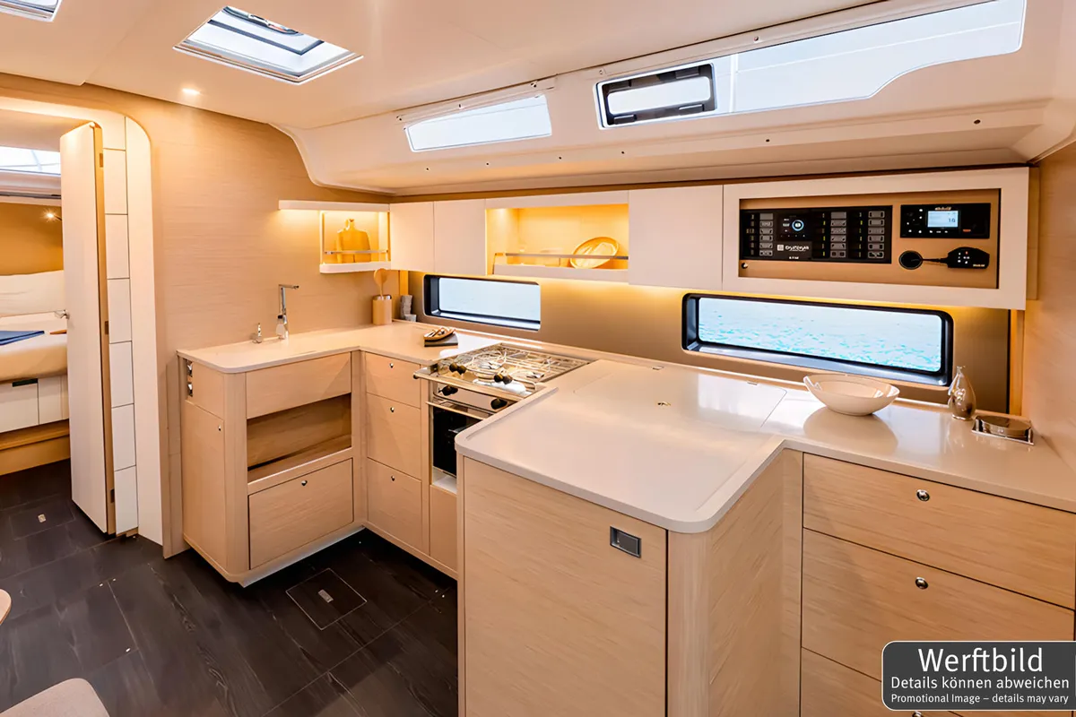 Galley of Gimme! Gimme!, a Dufour 44 sailboat at Palma de Mallorca, Spain