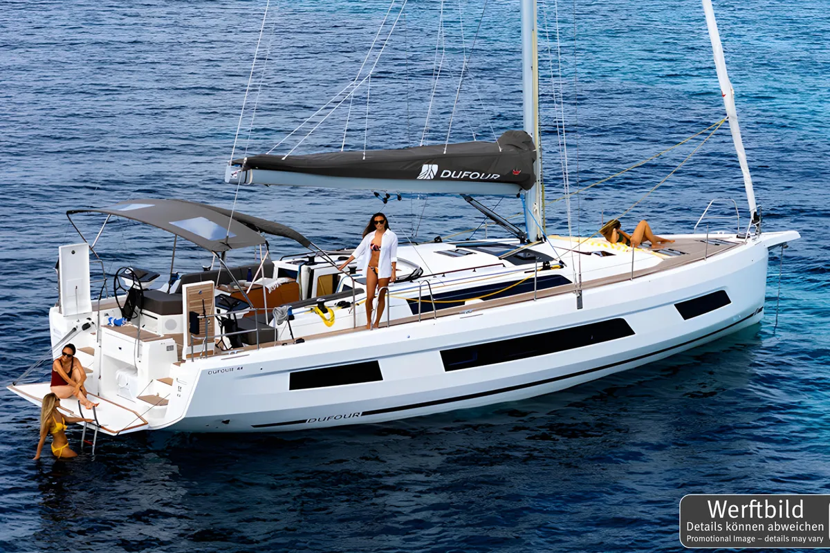 Exterior view of Gimme! Gimme!, a Dufour 44 sailboat at Palma de Mallorca, Spain