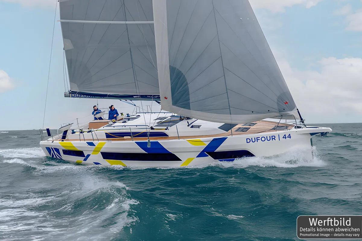 Exterior view of Gimme! Gimme!, a Dufour 44 sailboat at Palma de Mallorca, Spain