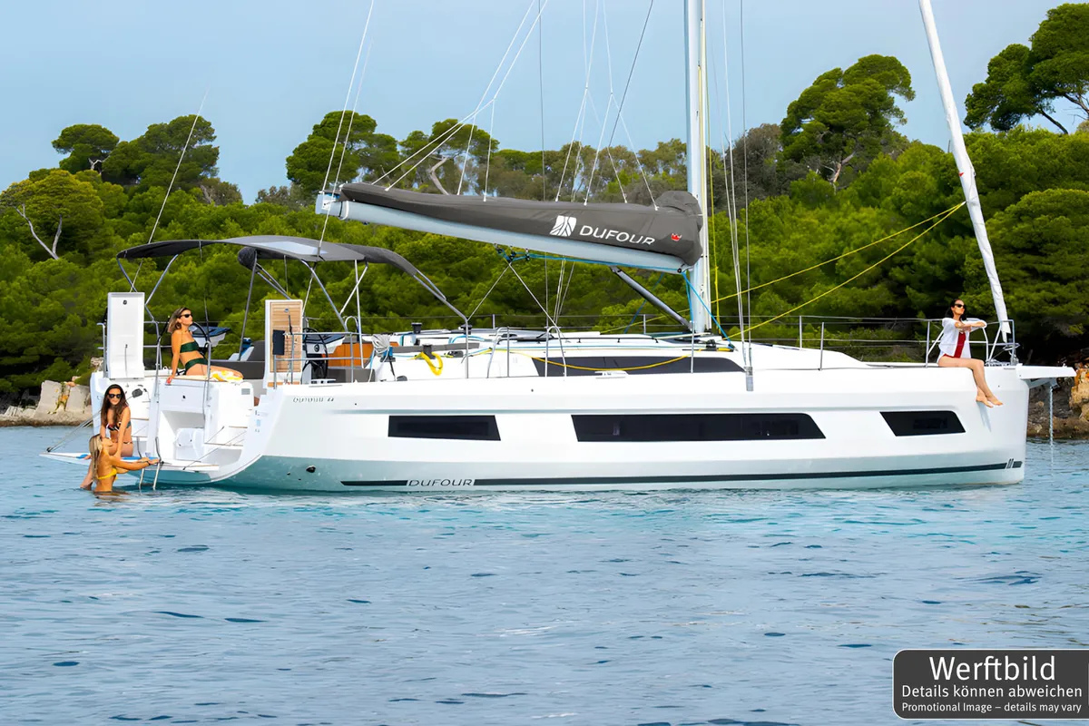Exterior view of Gimme! Gimme!, a Dufour 44 sailboat at Palma de Mallorca, Spain