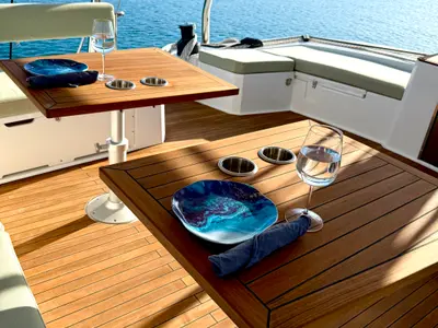 Deck of Mastermind II, a Bali 5.4 catamaran at Alameda, United States
