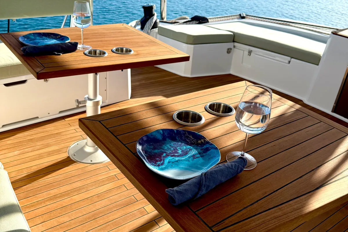 Deck of Mastermind II, a Bali 5.4 catamaran at Alameda, United States