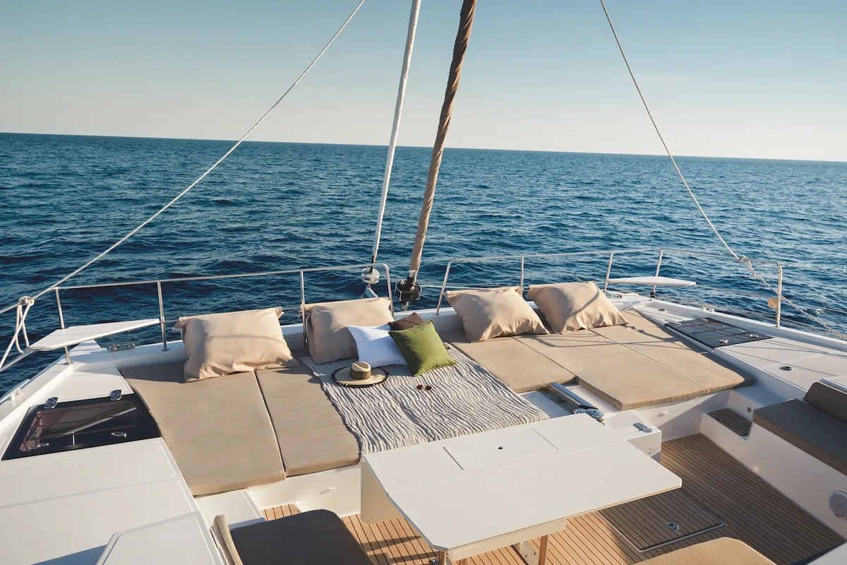 Deck of Mastermind II, a Bali 5.4 catamaran at Alameda, United States