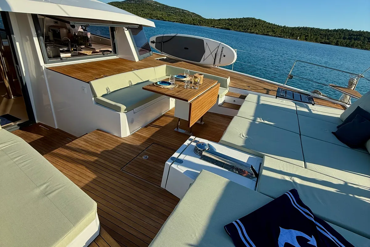 Deck of Mastermind II, a Bali 5.4 catamaran at Alameda, United States