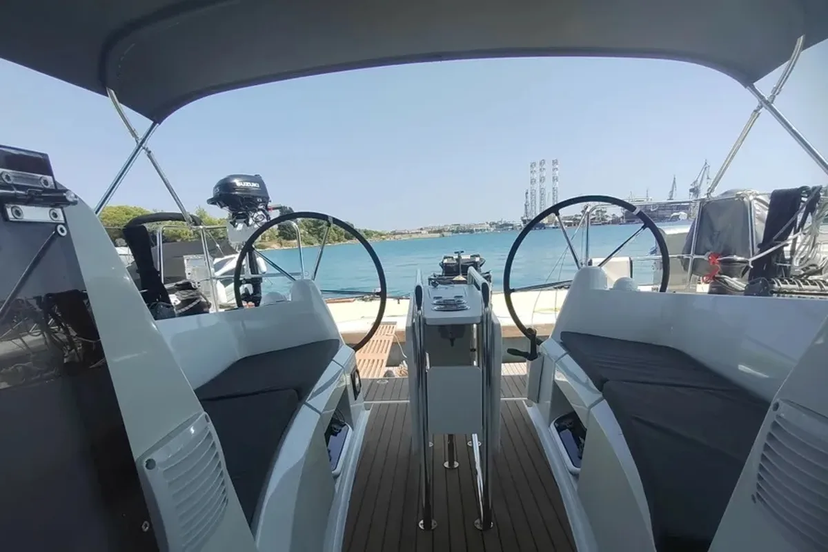 Cockpit of Fig, a Jeanneau Sun Odyssey 349 sailboat at Pula, Croatia