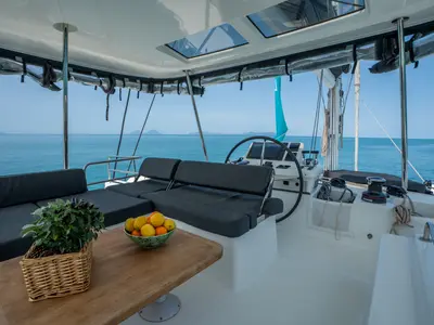 Deck of Sailuxe - Fichetto, a Lagoon 51 catamaran at Castellammare del Golfo, Italy