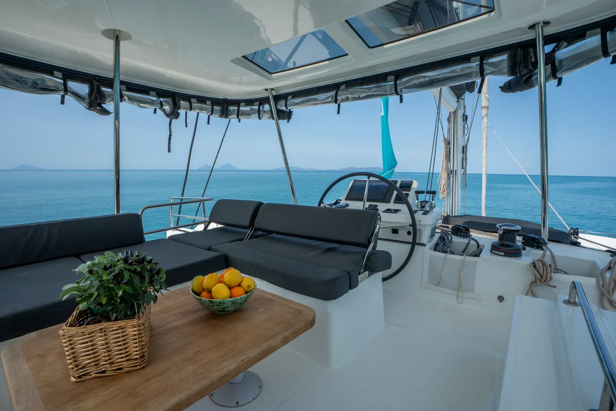 Deck of Sailuxe - Fichetto, a Lagoon 51 catamaran at Castellammare del Golfo, Italy