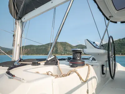 Cockpit of Sailuxe - Fichetto, a Lagoon 51 catamaran at Castellammare del Golfo, Italy