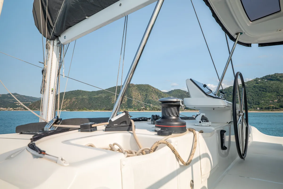 Cockpit of Sailuxe - Fichetto, a Lagoon 51 catamaran at Castellammare del Golfo, Italy