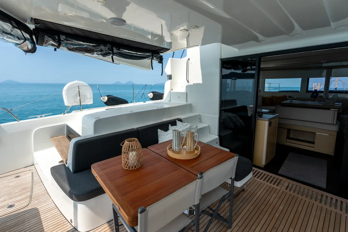 Deck of Sailuxe - Fichetto, a Lagoon 51 catamaran at Castellammare del Golfo, Italy