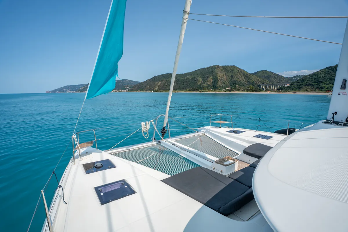 Deck of Sailuxe - Fichetto, a Lagoon 51 catamaran at Castellammare del Golfo, Italy