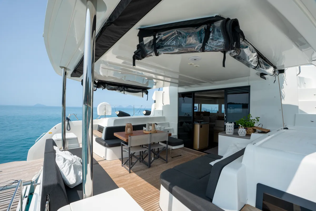 Deck of Sailuxe - Fichetto, a Lagoon 51 catamaran at Castellammare del Golfo, Italy