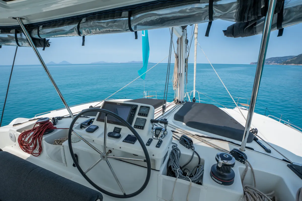 Cockpit of Sailuxe - Fichetto, a Lagoon 51 catamaran at Castellammare del Golfo, Italy