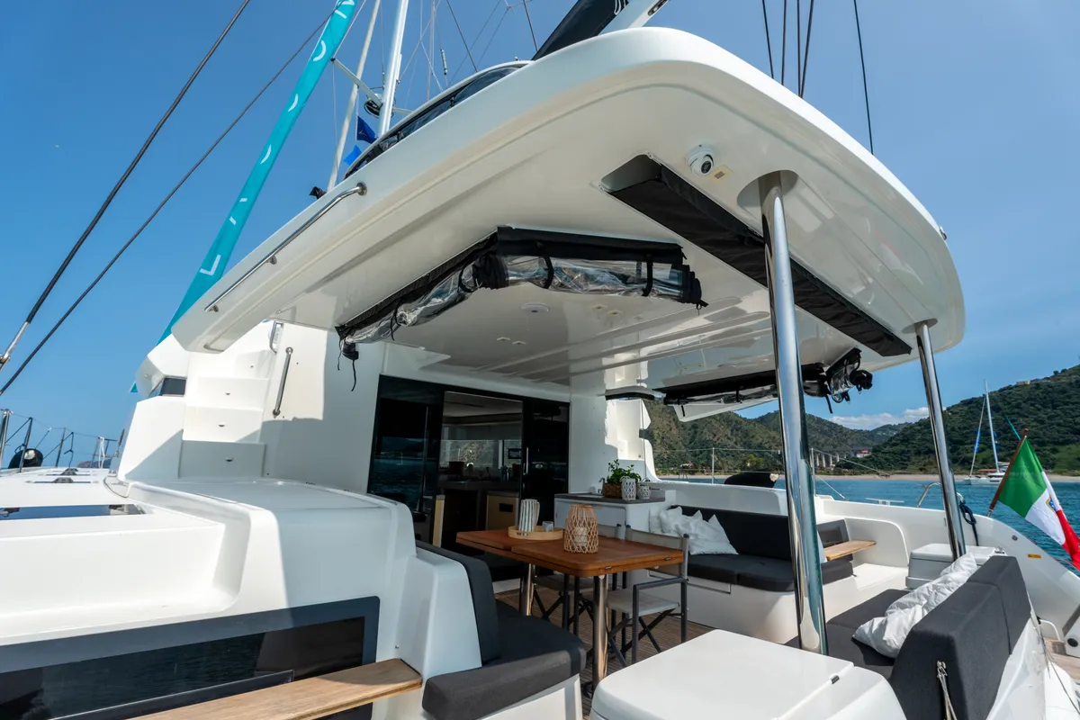 Deck of Sailuxe - Fichetto, a Lagoon 51 catamaran at Castellammare del Golfo, Italy