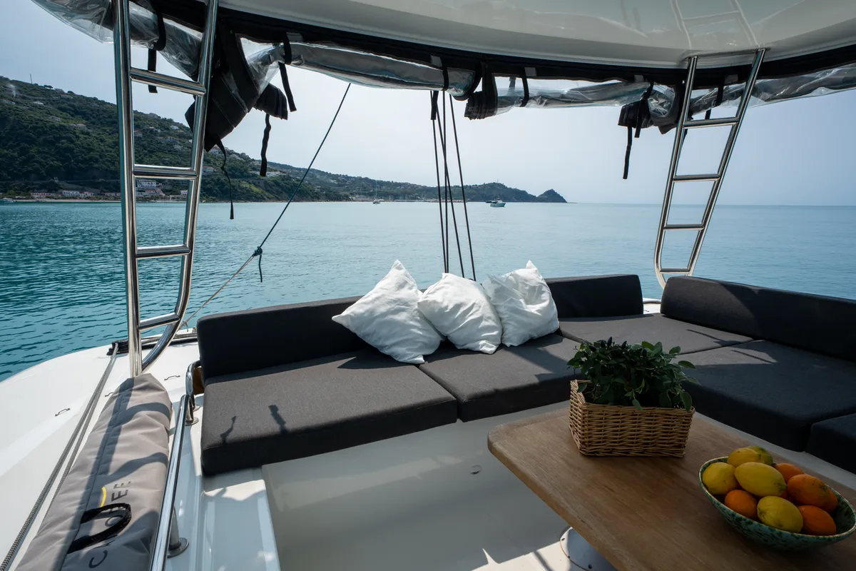 Deck of Sailuxe - Fichetto, a Lagoon 51 catamaran at Castellammare del Golfo, Italy
