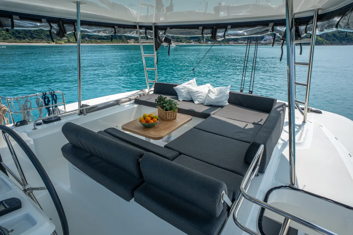 Deck of Sailuxe - Fichetto, a Lagoon 51 catamaran at Castellammare del Golfo, Italy
