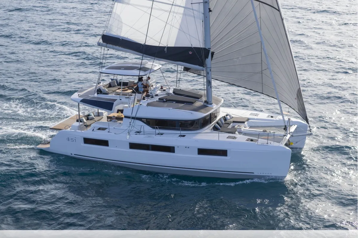 Exterior view of Sailuxe - Fichetto, a Lagoon 51 catamaran at Castellammare del Golfo, Italy