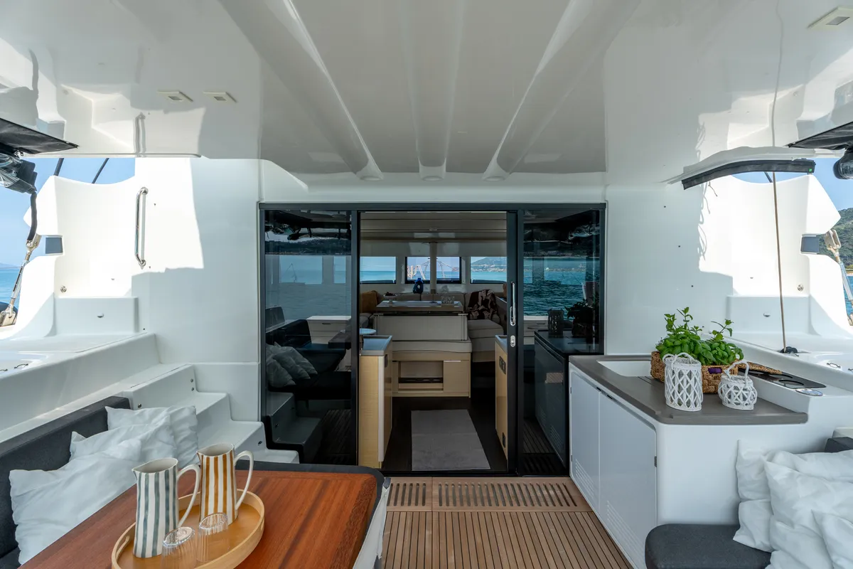 Deck of Sailuxe - Fichetto, a Lagoon 51 catamaran at Castellammare del Golfo, Italy