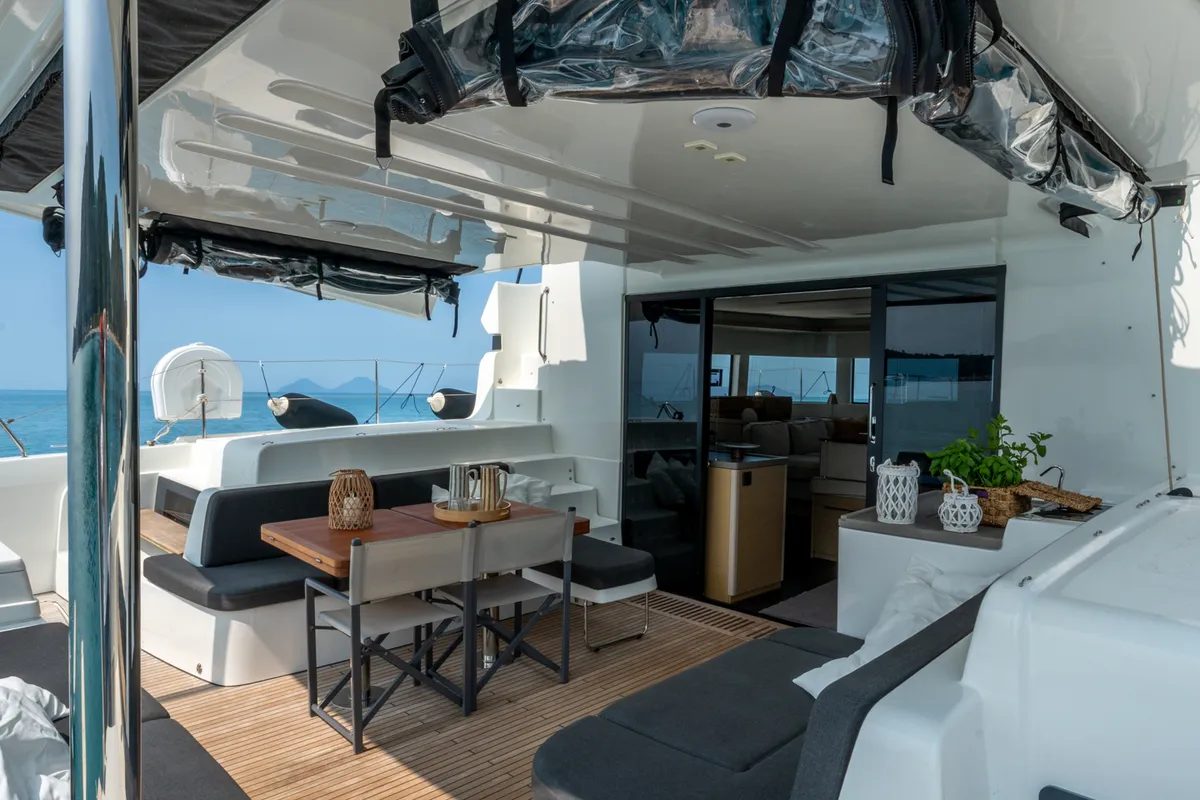 Deck of Sailuxe - Fichetto, a Lagoon 51 catamaran at Castellammare del Golfo, Italy