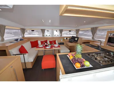 Salon of Anemoessa, a Lagoon 400 S2 catamaran at Athens, Greece