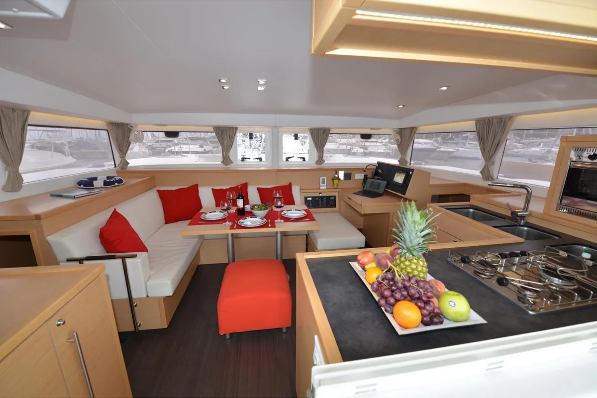 Salon of Anemoessa, a Lagoon 400 S2 catamaran at Athens, Greece