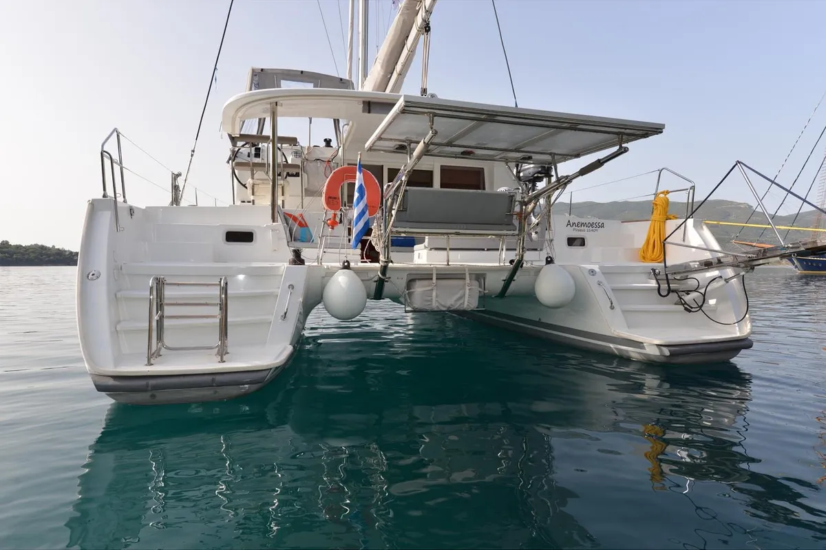 Exterior view of Anemoessa, a Lagoon 400 S2 catamaran at Athens, Greece