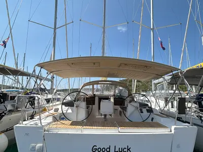 Cockpit of Good Luck, a Dufour 460 GL sailboat at Primošten, Croatia