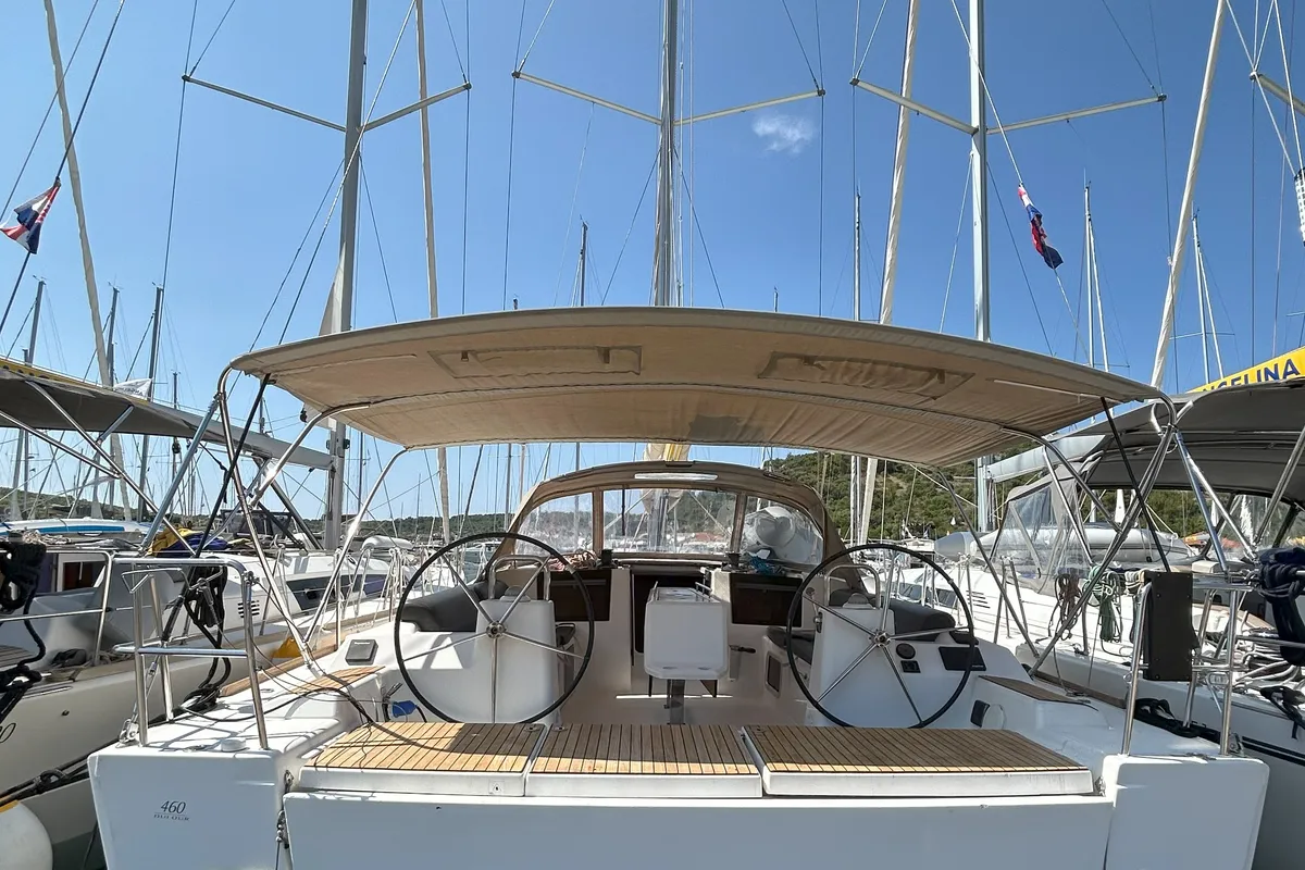 Cockpit of Good Luck, a Dufour 460 GL sailboat at Primošten, Croatia