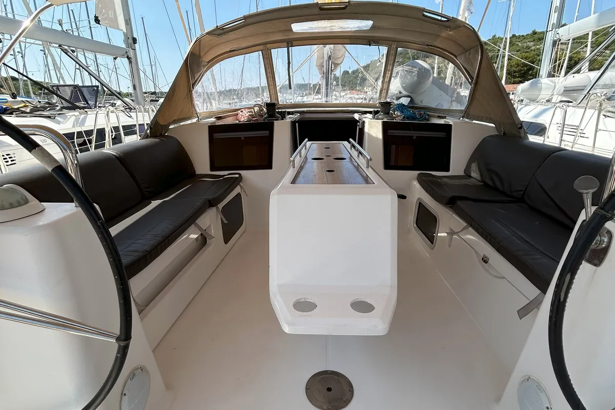 Cockpit of Good Luck, a Dufour 460 GL sailboat at Primošten, Croatia