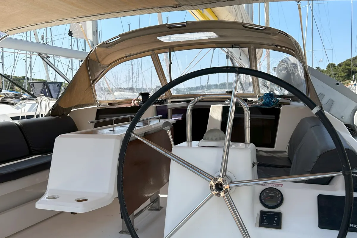 Cockpit of Good Luck, a Dufour 460 GL sailboat at Primošten, Croatia