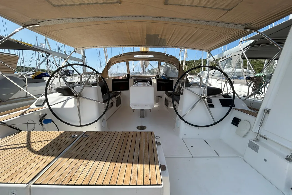 Cockpit of Good Luck, a Dufour 460 GL sailboat at Primošten, Croatia